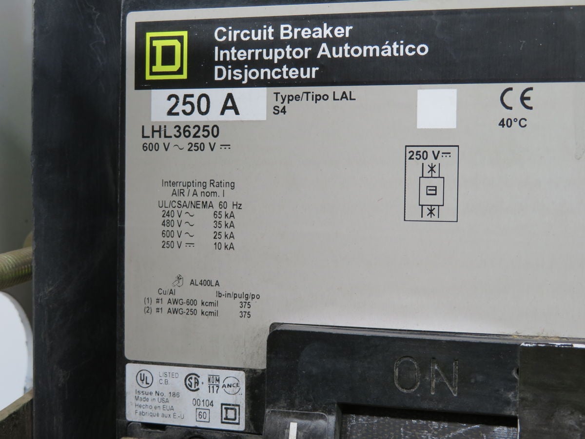 250 Amp, Square D #LHL36250, Circuit Breaker, 3 Pole, 600V AC 25KA IC, 250V DC 50KA IC - Image 5