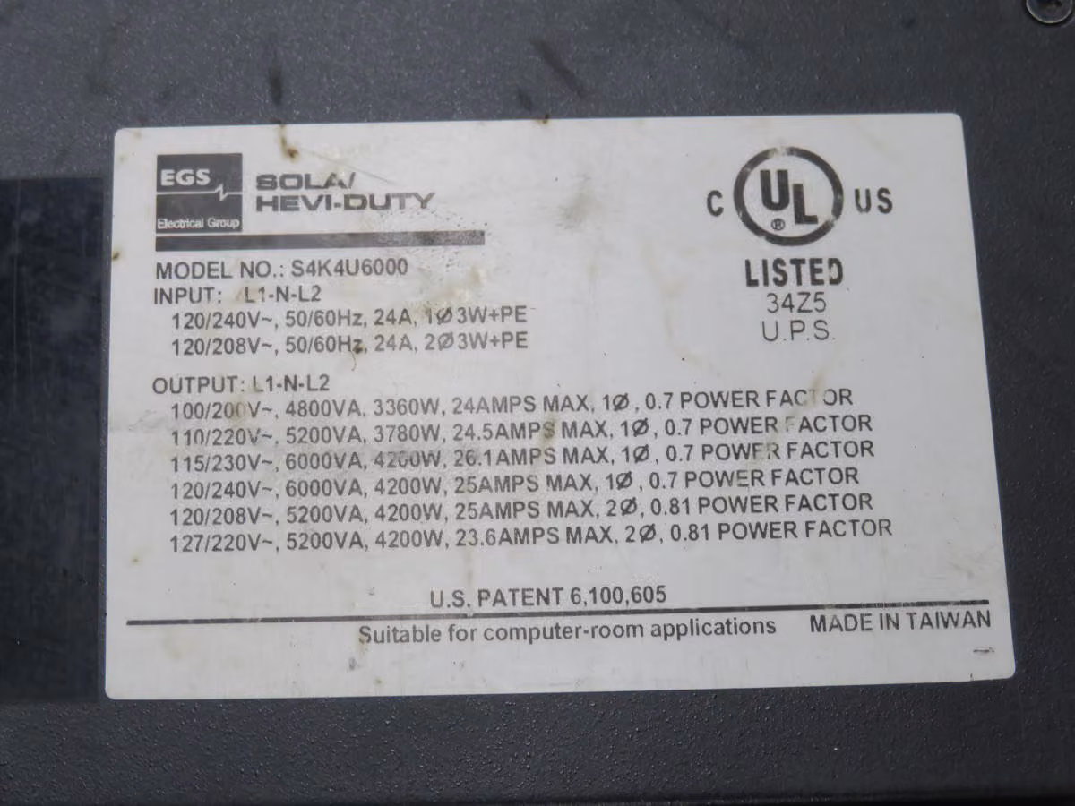 6.0 KVA Sola #S4K4U6000, uninterruptible power supplies, 120-208 VAC, 6 Output Receptacles, 5 Min. Runtime - Image 7