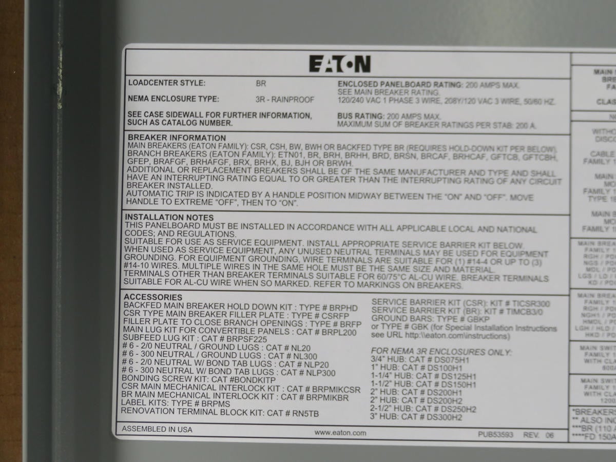 200 Amp, Eaton BRP30B200R, Outdoor Main Lug, 30 Space, 60 Circuits, with Main Breaker - Image 9