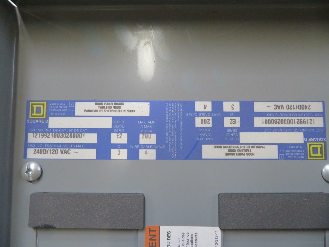 200 Amp, Square D 12199210030280001, Series E2 Panelboard, 240D/120 VAC, 3 phase, 4 Wire - Image 8