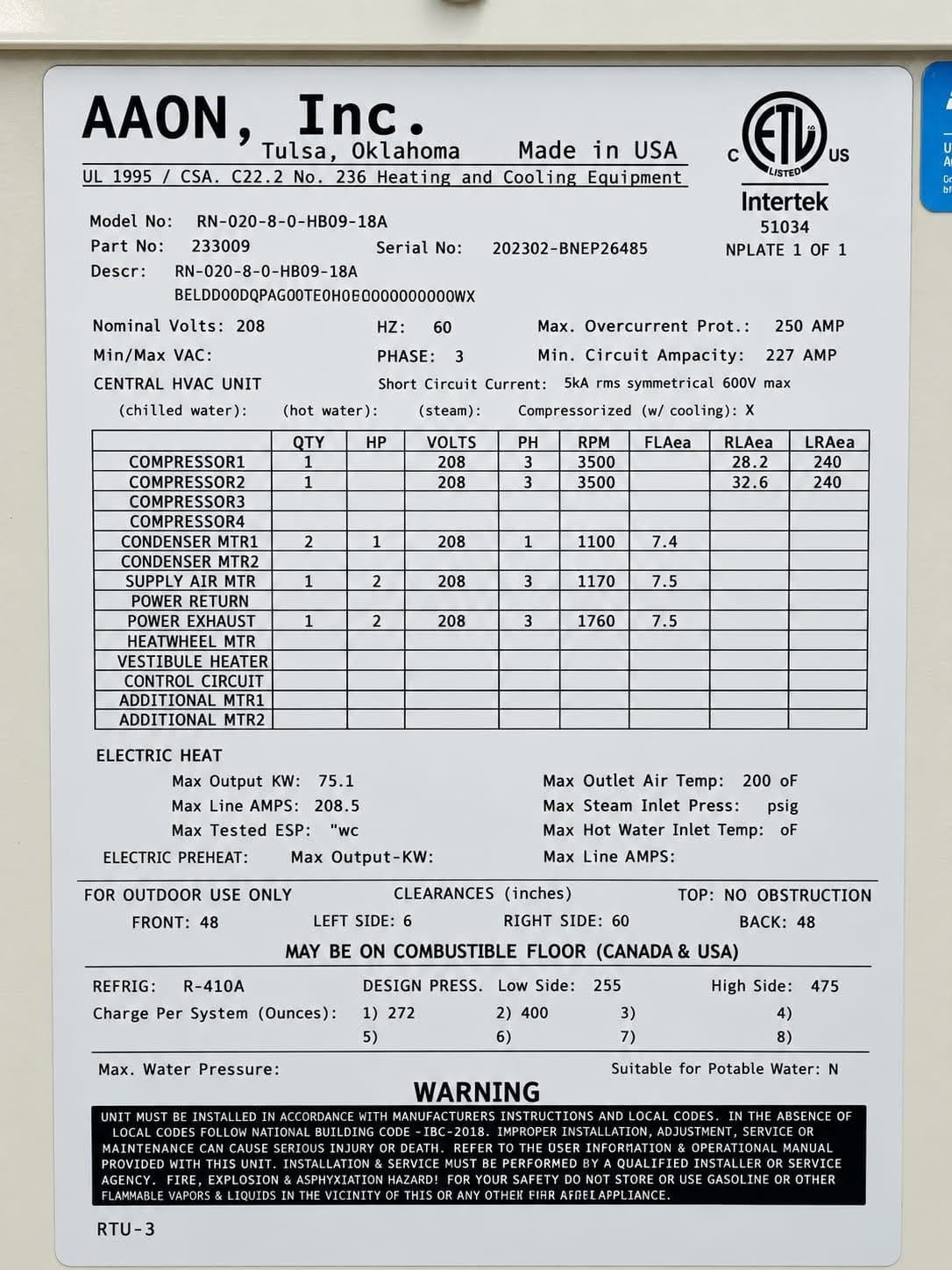 20 Ton, Aaon #RN-020-8-0HB09-18A, rooftop package units, R410a, 208 V., new, unused (3 available) - Image 4