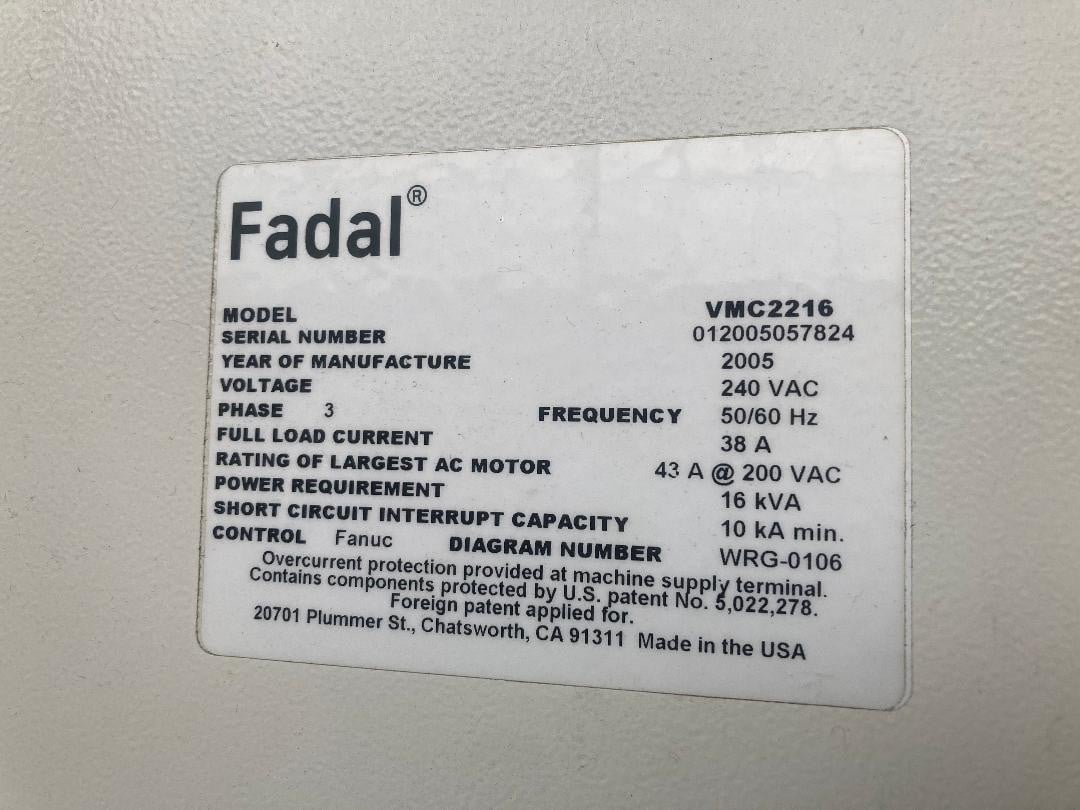 Fadal #VMC-2216, CNC Vertical Machining Center, Fanuc control, CAT 40, 2005 - Image 2