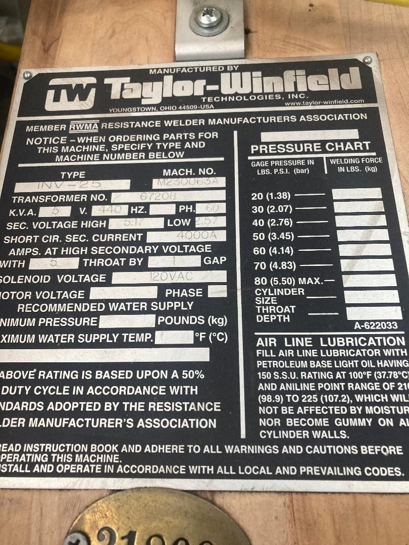 Taylor-Winfield #INV-25, Manual Resistance Spot Welder - Image 3