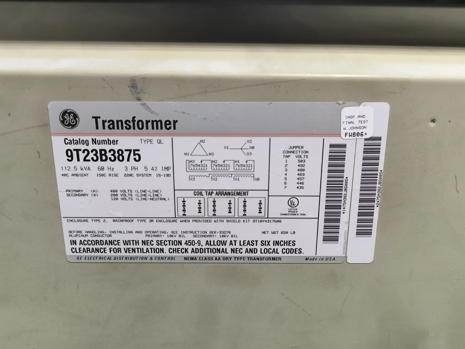 112.5 KVA 480 Primary, 208/120 Secondary, General Electric #9T23B3875, Transformer, 3 phase - Image 2