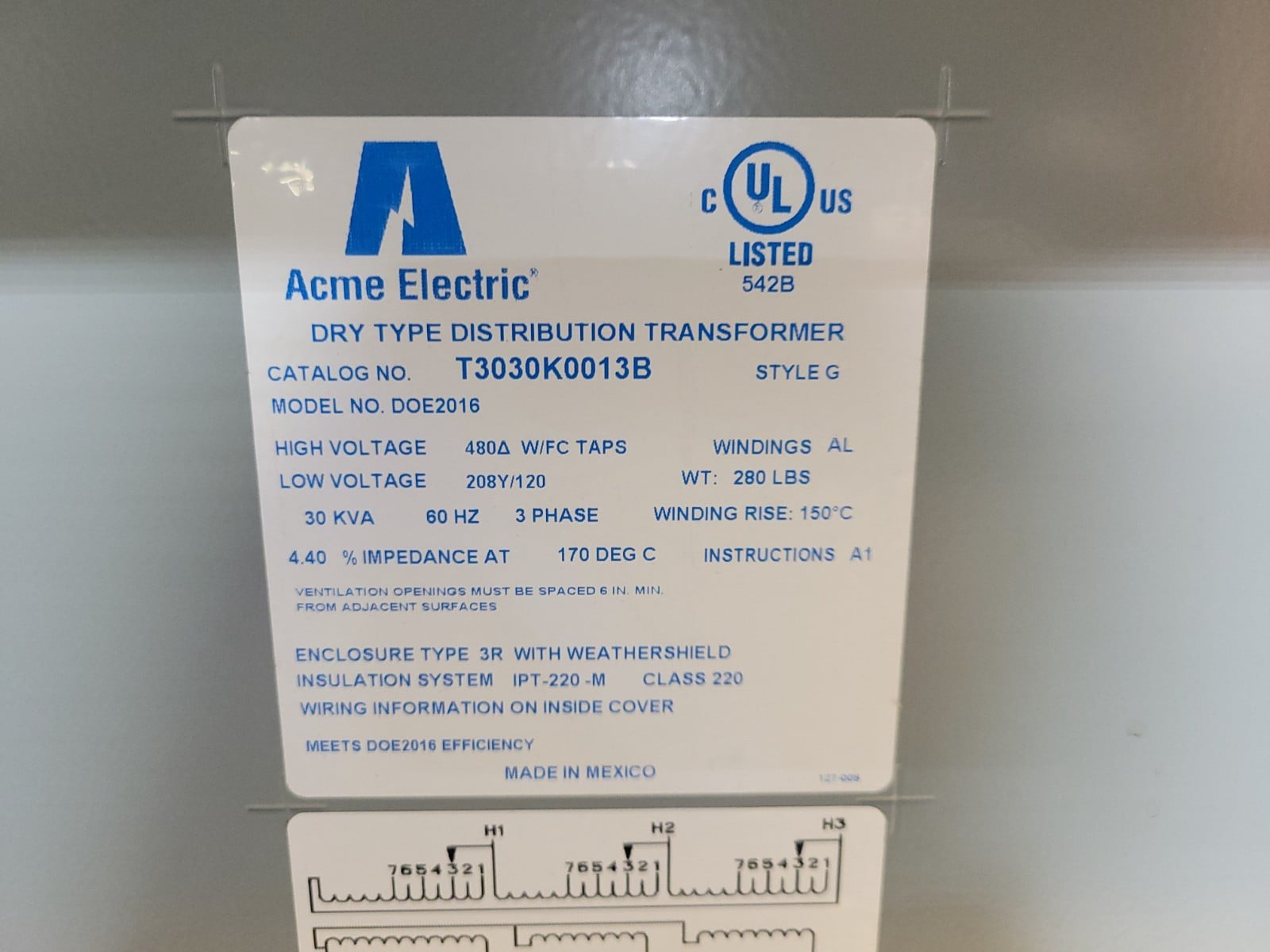 30 KVA 480 Primary, 208Y/120 Secondary, Acme Electric #T3030K0013B, Dry Type Transformer, DOE2016, 3 phase, 3R - Image 2
