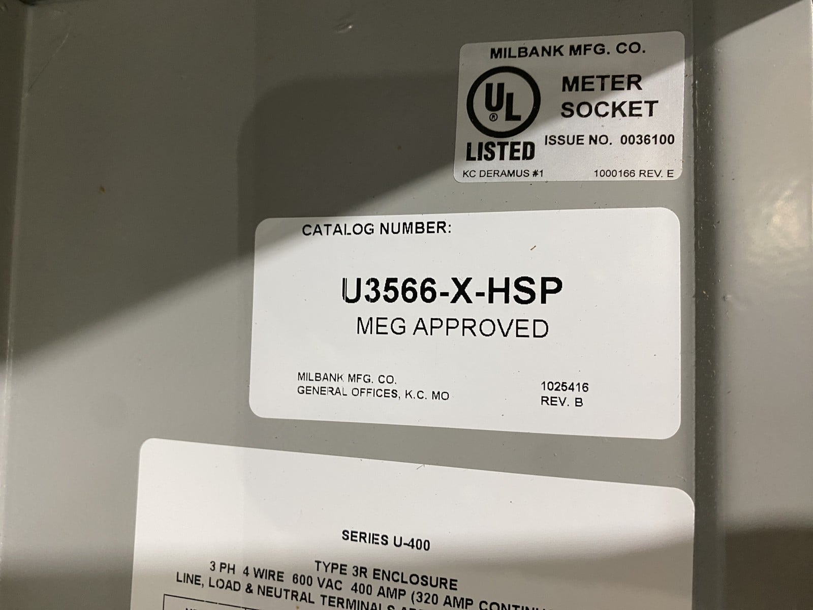 320 Amps, Milbank #U3566-X-HSP, Meter Base, 3 phase, 7 Terminal, Bypass, MEG Approved, new - Image 9
