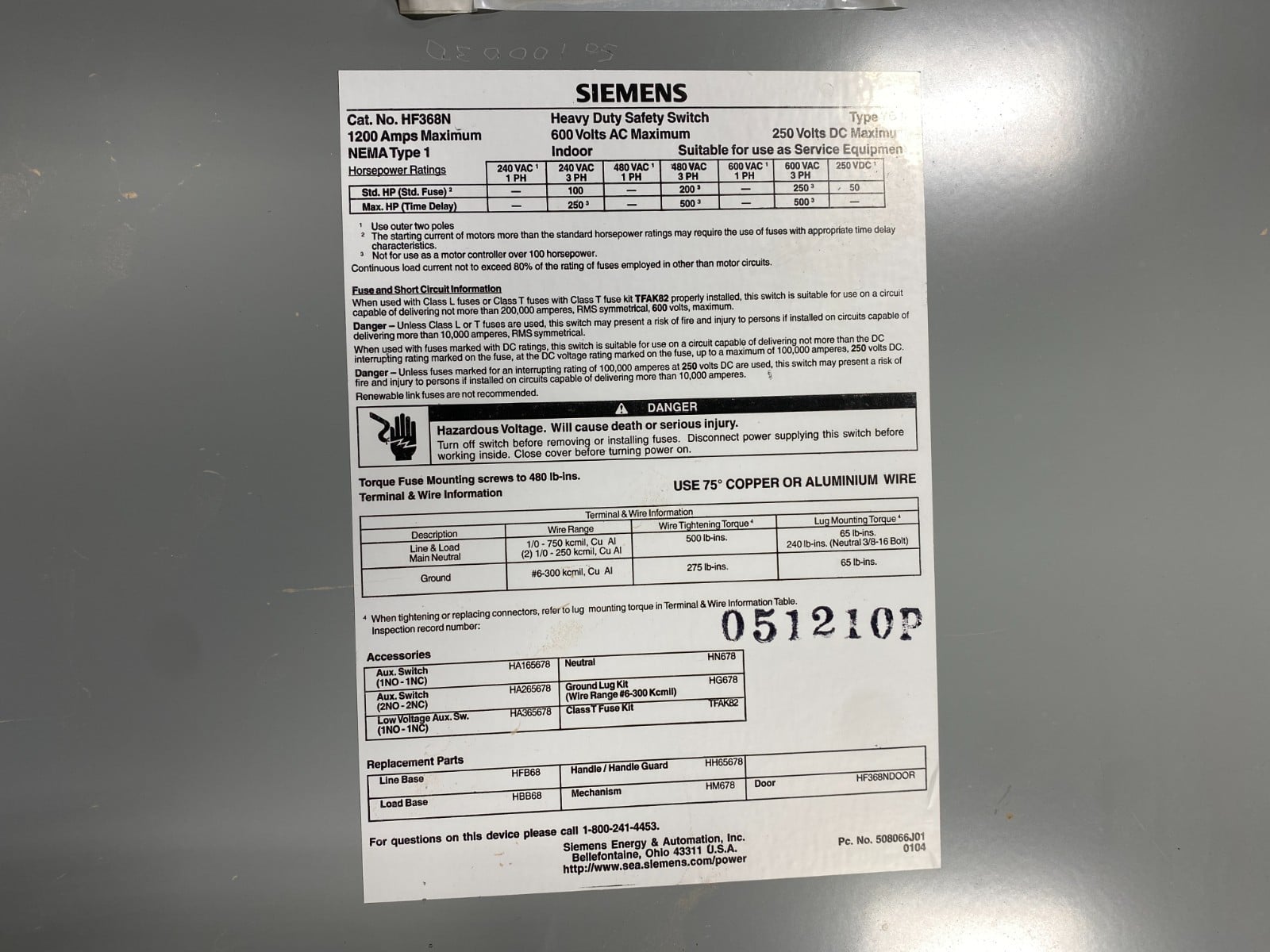 1200 Amp. Siemens #HF368N, Heavy Duty Disconnect Switch, 3P, 3 phase, 600 VAC, 250 VDC, Nema Type 1 - Image 3