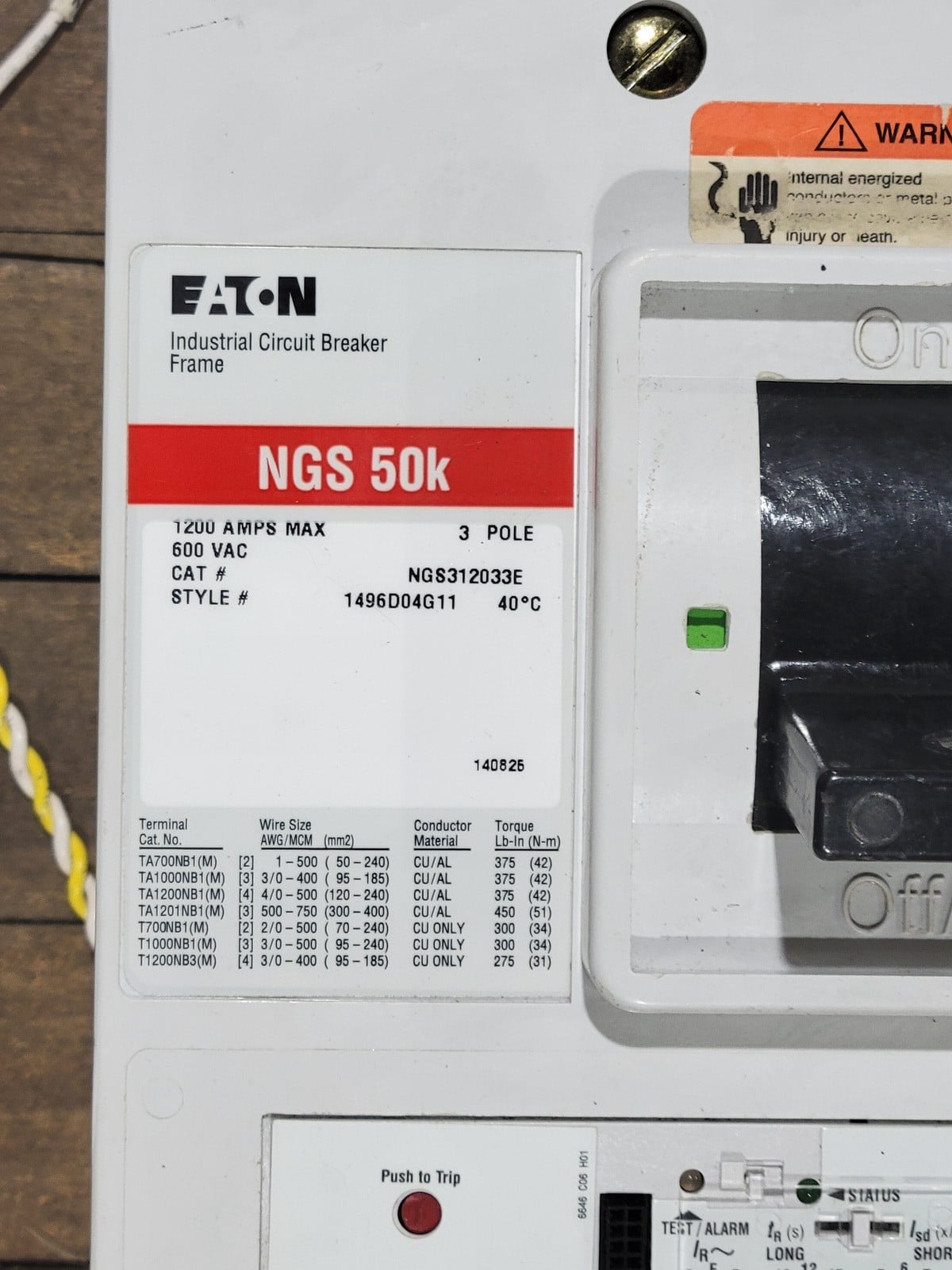 1200 Amps, Eaton #NGS312033E, Circuit Breaker, 3P, 600 VAC, 50/60 Hz., w/ SNT5LP11K Shunt Trip, 110-240 Volts - Image 2
