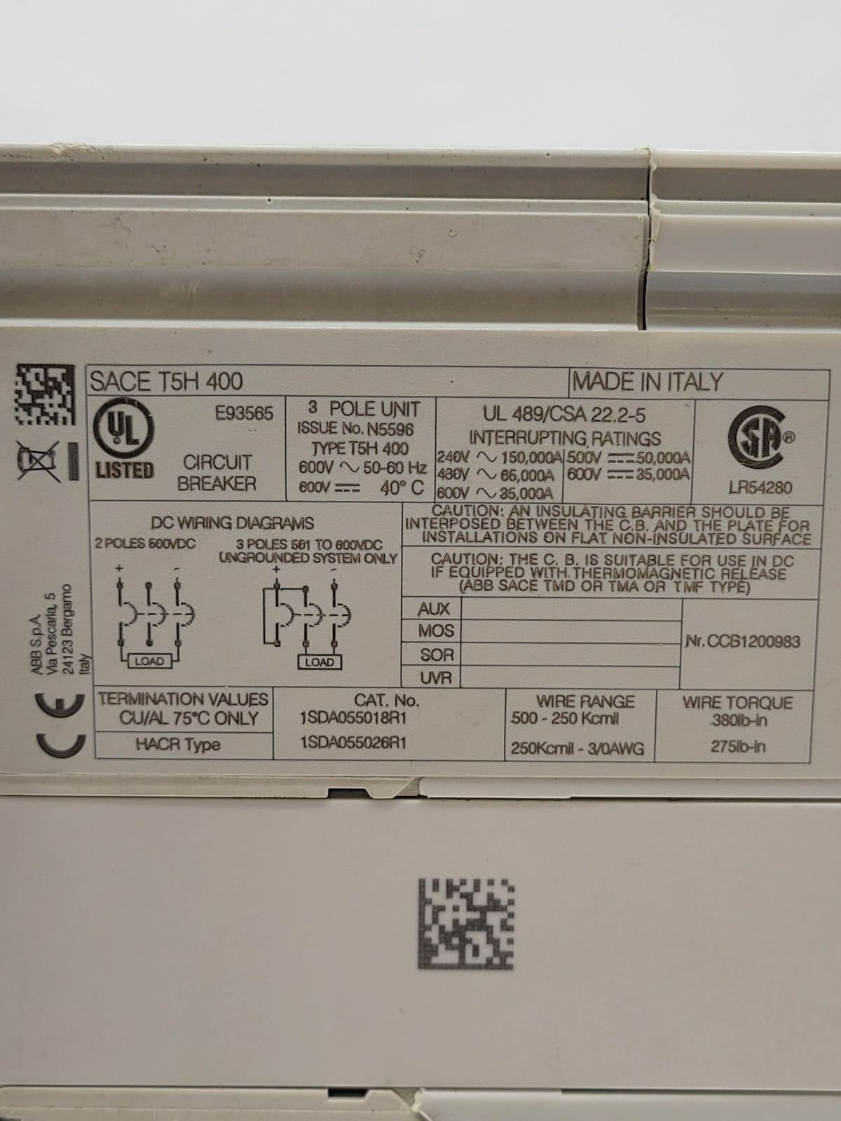 300 Amps, ABB #T5H300BW, SACE Tmax Circuit Breaker, 3P, 600 Volts, 65KA, T5H400, PR221DS Fixed-Version - Image 3