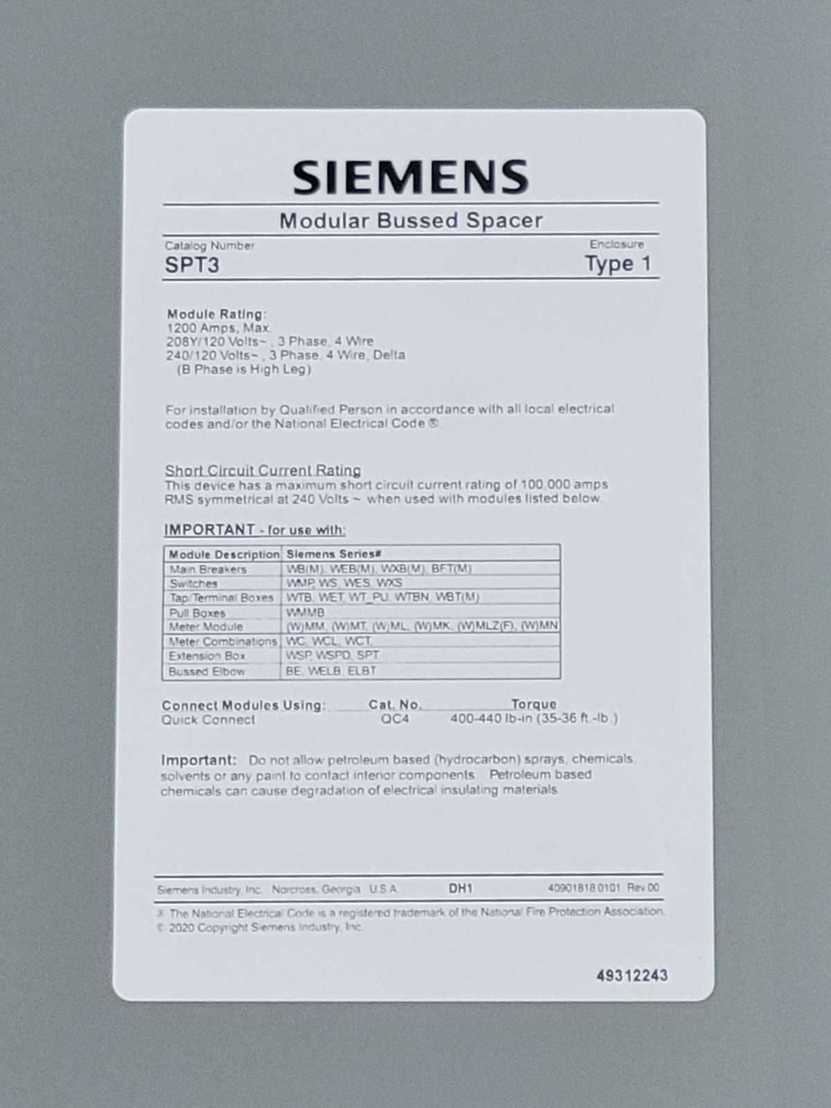 1200 Amp. Siemens #SPT3, Power Mod Modular Metering System Bussed Spacer, 3 phase, 4W, 240 Volts - Image 3