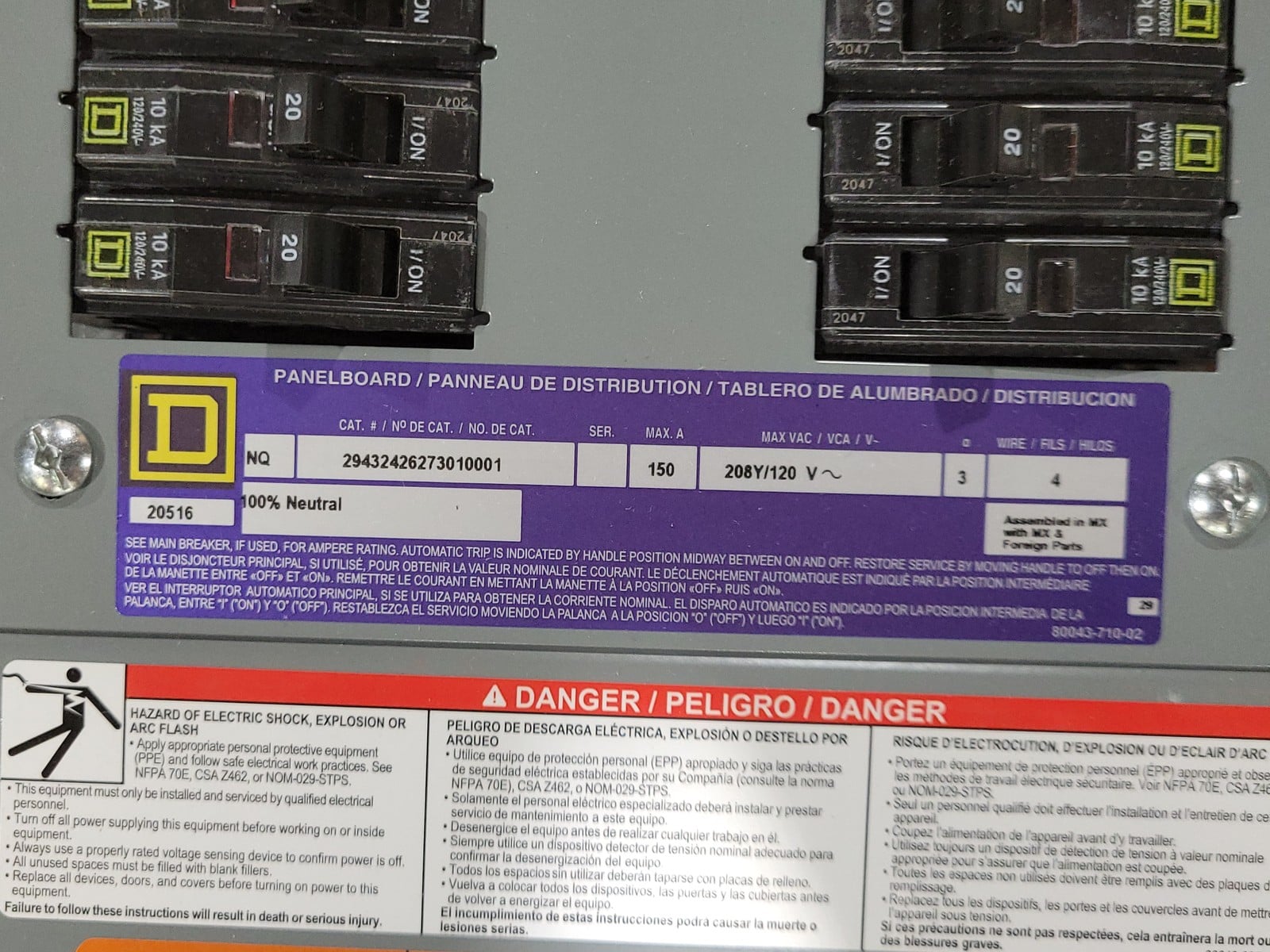 150 Amp. Square D #NQ, Panelboard Interior, 208Y/120 Volts, 3 phase, 4W, 42 Space, w/ (19) QOB120, (2) - Image 2