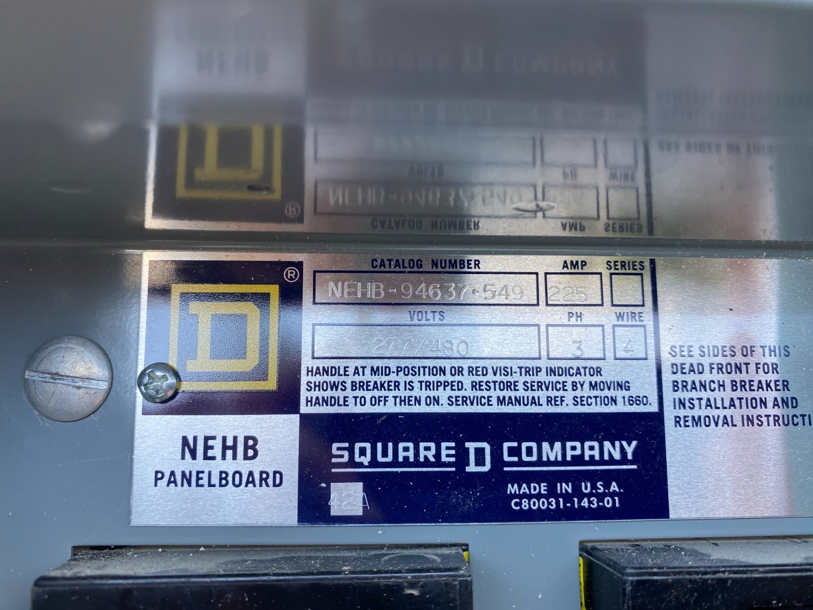 225 Amp. Square D #NEHB-94637-549, Panelboard, 277/480 Volts, 3 phase, 4W, 30 Space, Type 1, w/ EHB34040 - Image 2