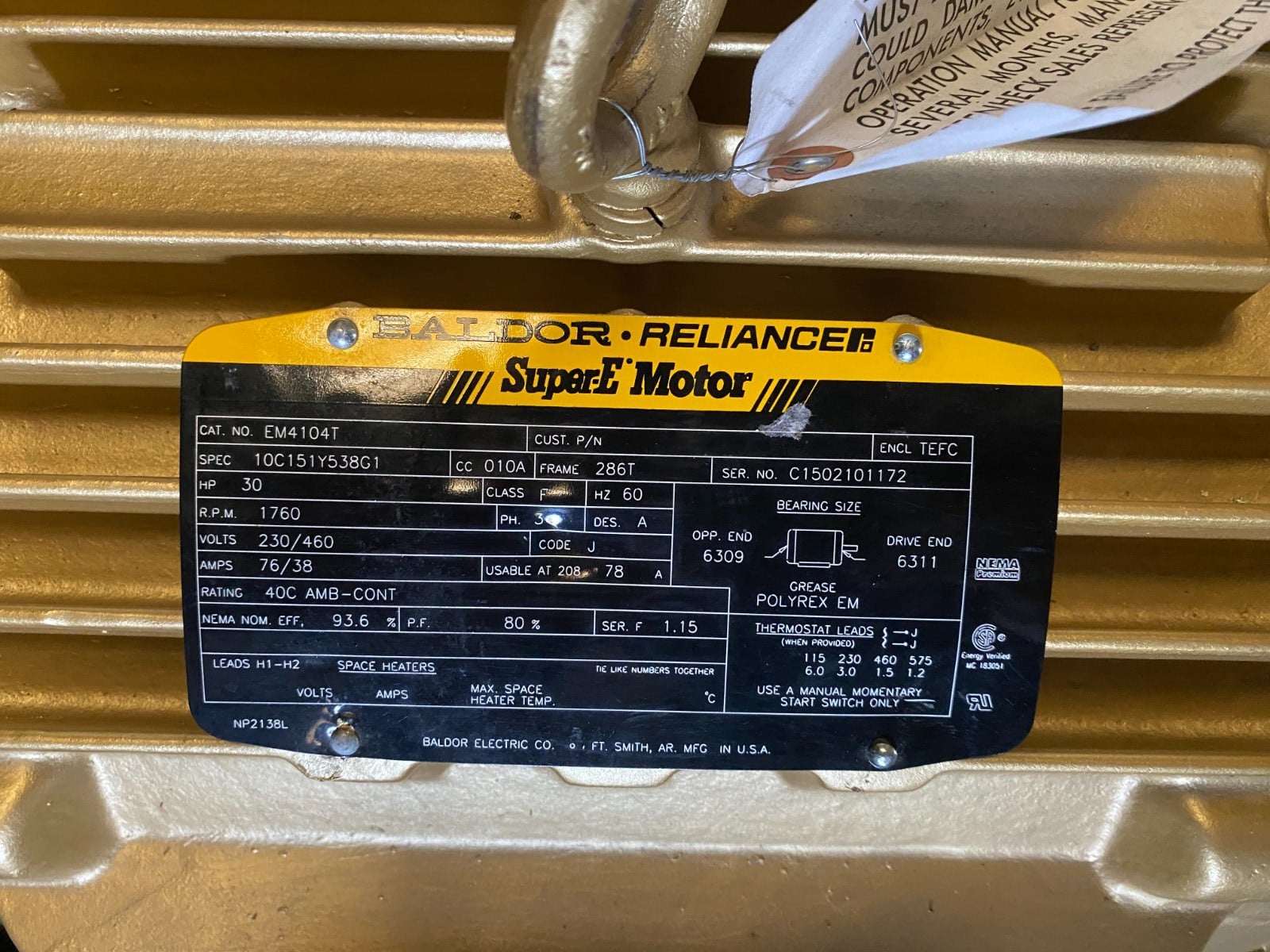 30 HP 1760 RPM Baldor #EM4104T, Frame 286T, TEFC, inverter duty, 3 phase, 230/460 Volts, 76/38A, Class F, EFF - Image 2