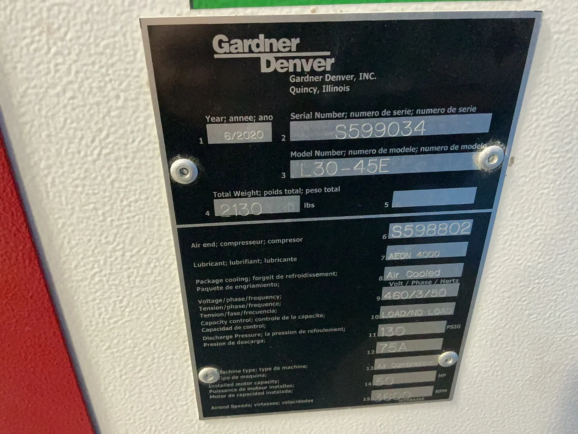 130 PSIG, Gardner Denver #L30-45E, Rotary Screw Air Compressor, 50 HP, 3600 RPM, 75 A, 460 V., 2020 - Image 6