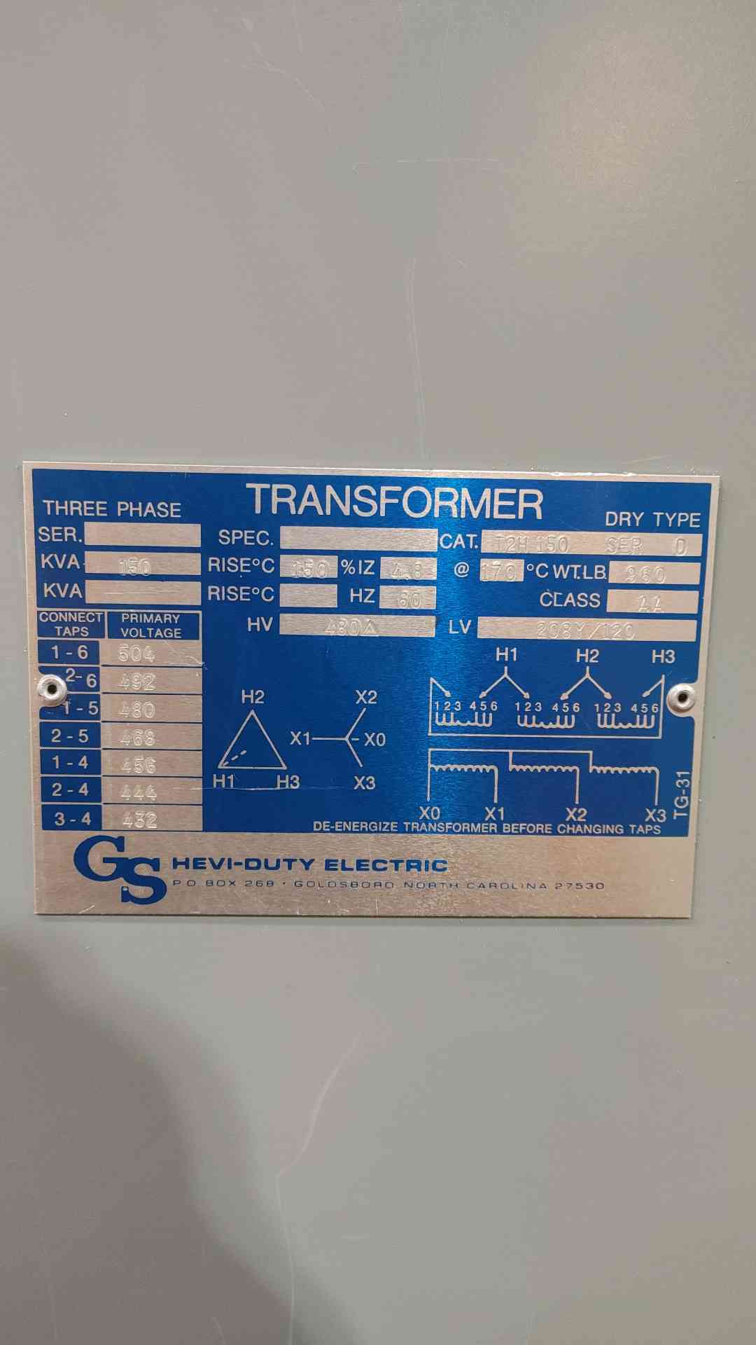 150 KVA 480 Delta Primary, 208Y/120 Secondary, Hevi-Duty #T2H150, Dry Type Transformer, 3 Phase - Image 3
