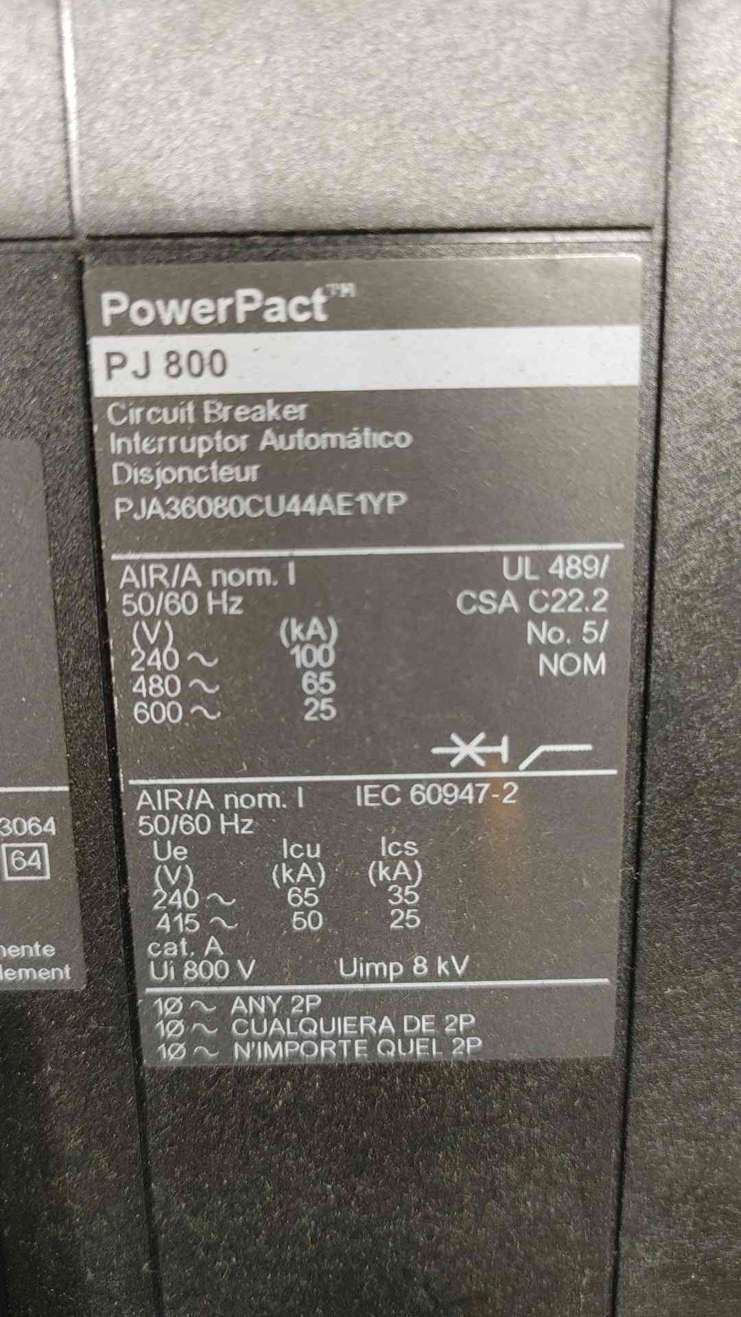 800 Amps, Square D #PJA36080CU44AE1YP, I-Line circuit breaker, 3 pole, 600 Volts, MicroLogic 6.0A - Image 2