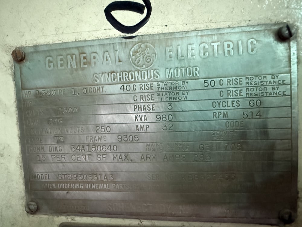 1250 HP 514 RPM General Electric, Frame 9305, 2300 VA, 250DC VF, 1.0 PF, (2 available) - Image 1