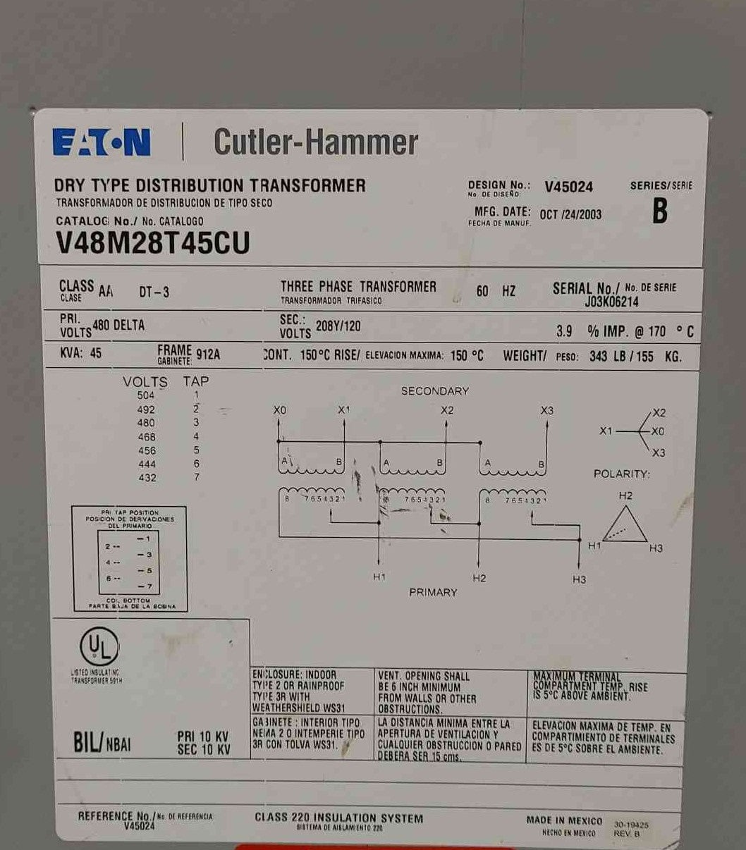45 KVA 480 Primary, 208Y/120 Secondary, Eaton Cutler-Hammer #V48M28T45CU, Transformer, 3 Phase, copper - Image 3