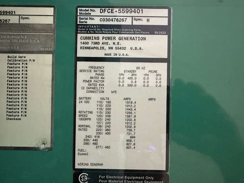 400 KW Cummins #DFCE, diesel generator set, 277/480 Volts, 605 HP @ 1800 RPM, NTA-855-G5 engine, weatherproof - Image 10