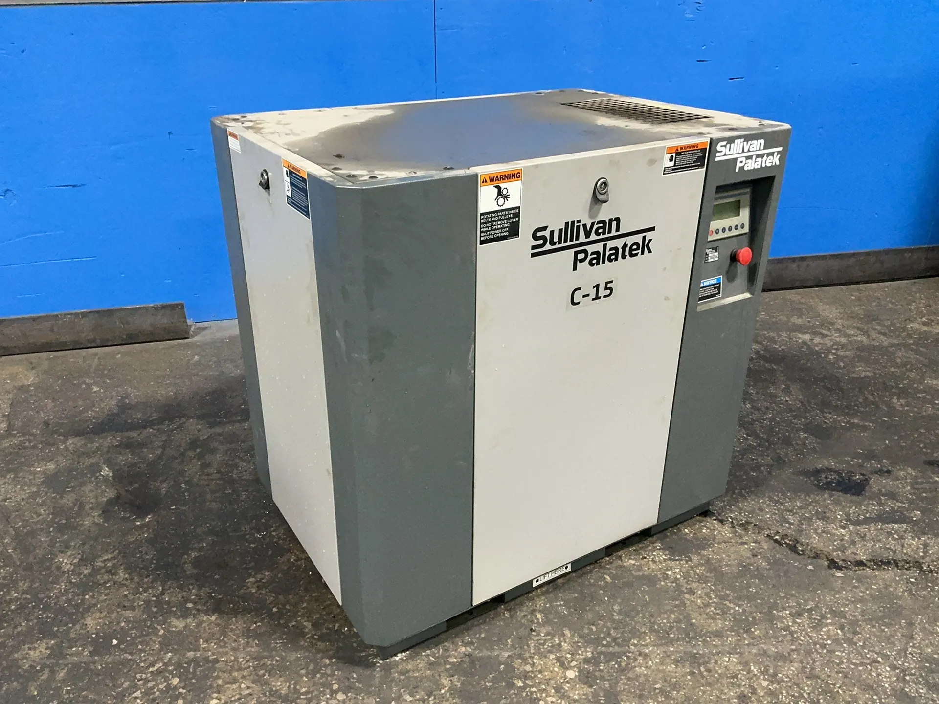 174 PSIG, Sullivan-Palatek #C-15, rotary screw air compressor, 15 HP, 3410 RPM, 16.5 Amps, MAM-100 digital - Image 1