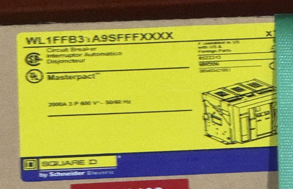 2000 Amps, Square D, WL1FFB31A9SFFFXXXX, MasterPact circuit breaker, 3-pole, 600 Volts, 50/60 Hz., new surplus - Image 2