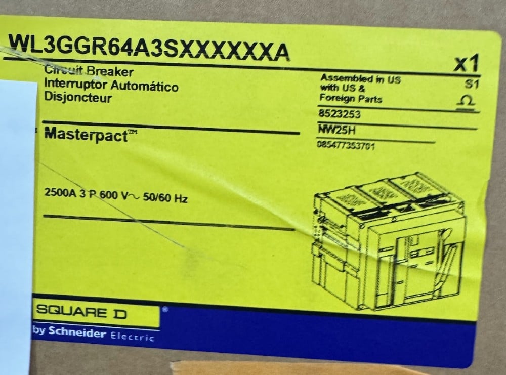 2500 Amps, Square D, NW25H, MasterPact NW circuit breaker, WL3GGR64A3SXXXXXXA, 3-pole, 600 Volts, 50/60 Hz. - Image 1