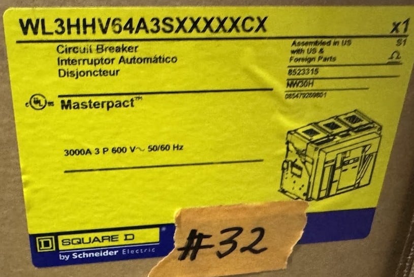 3000 Amps, Square D, NW30H, MasterPact NW circuit breaker, WL3HHV64A3SXXXXXCX, 3-pole, 600 Volts, 50/60 Hz. - Image 1