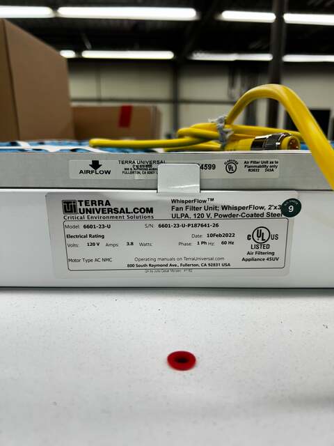 Terra Universal #6601-23-U, WhisperFlow ULPA Fan Filter Unit, 2' x 3', Powder-Coated Steel, 120 V., 1 Ph., 60 - Image 5