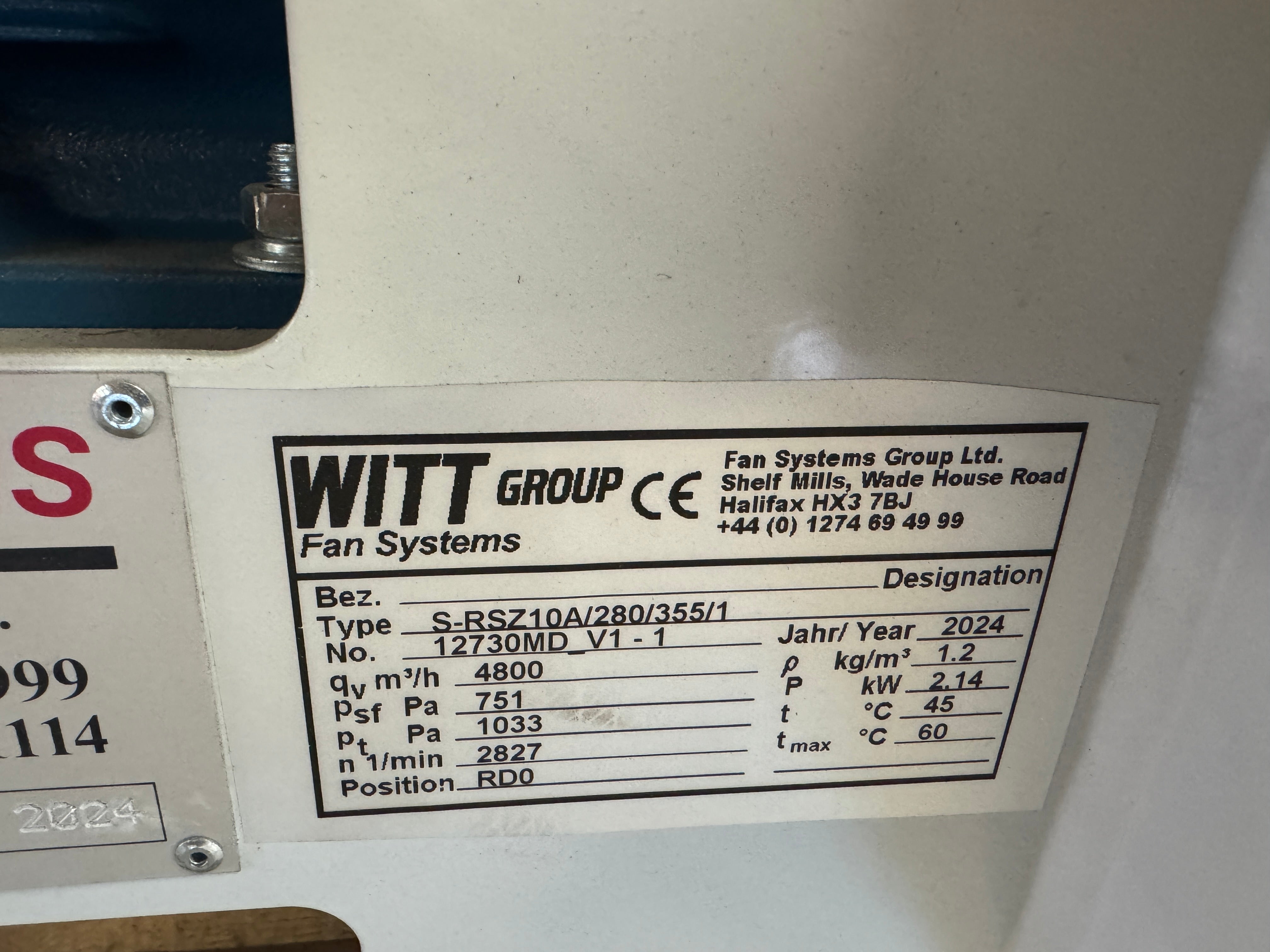 2825 CFM, Fan Systems #S-RSZ10A/280/355/1, Centrifugal Blower, 3 S.P., 2.14 KW, 2827 RPM, 60°C Max, 2024 - Image 8