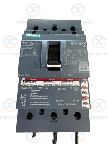 60 Amps, Siemens #3VA5260-6ED31-0AA0, Molded Case Circuit Breaker, 3 Pole, Frame 250H, TM210 Thermal Magnetic - Image 1