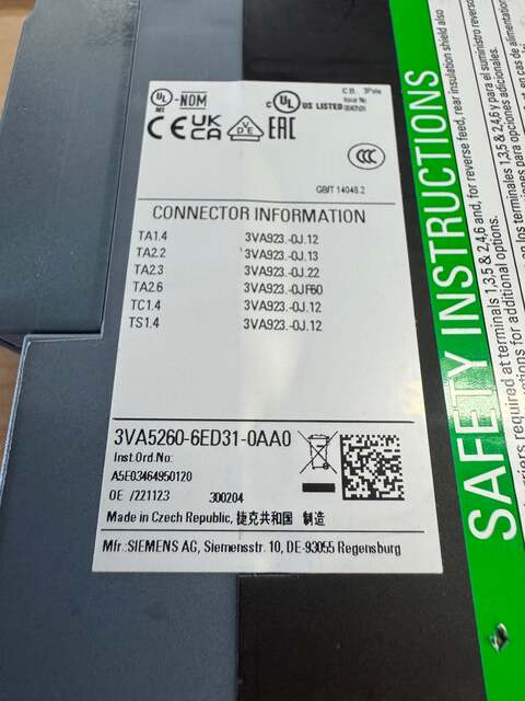60 Amps, Siemens #3VA5260-6ED31-0AA0, Molded Case Circuit Breaker, 3 Pole, Frame 250H, TM210 Thermal Magnetic - Image 5
