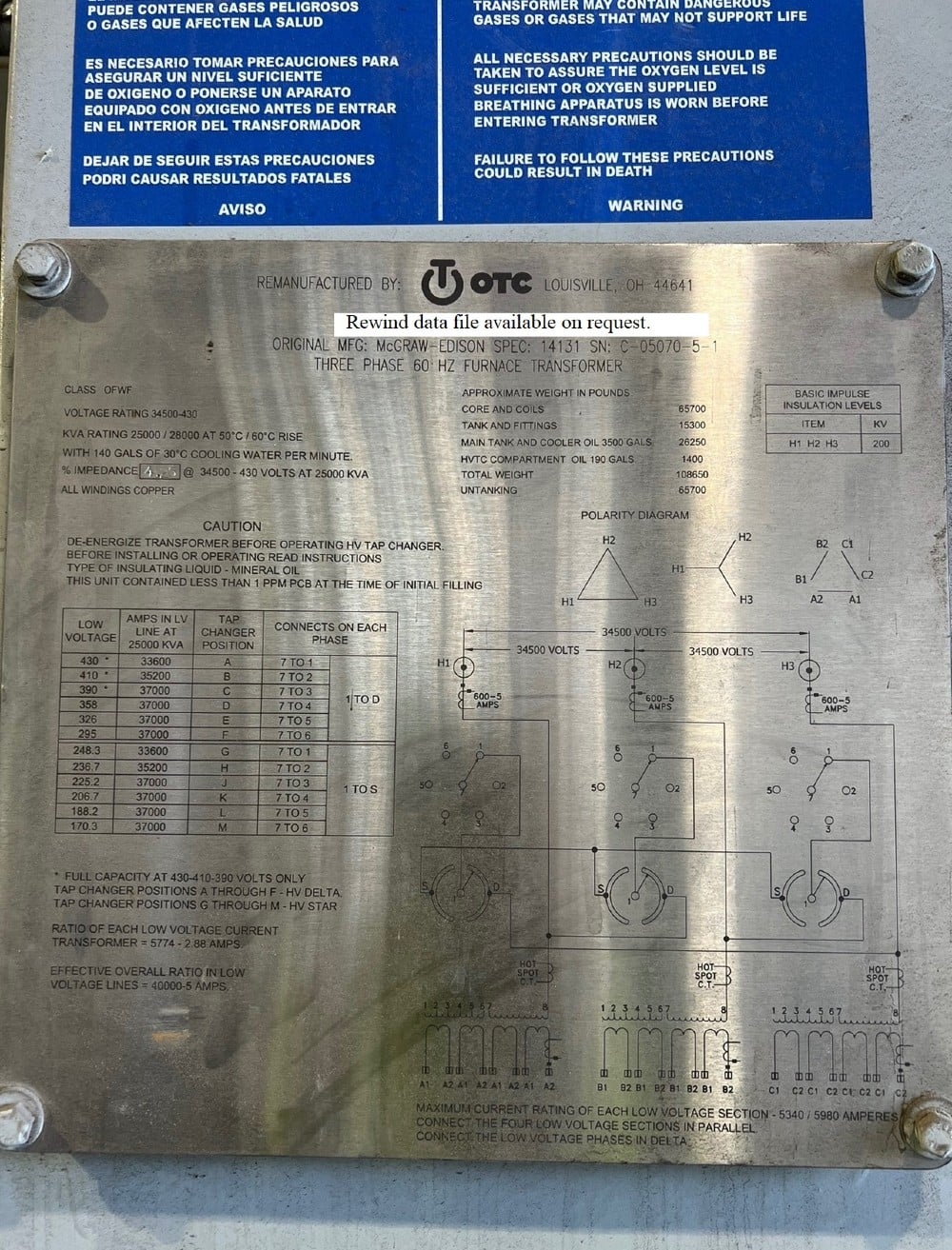 28000 kVA 34500 Pri., 430 Sec, Mcgraw Edison rewind, OEM McGraw-Edison, 5980 amps, OFW cooling - Image 1