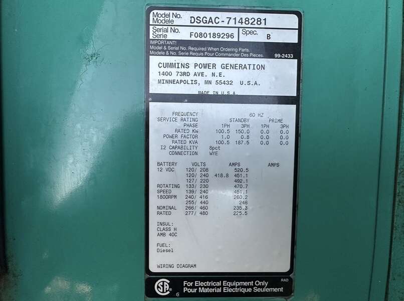 150 KW Cummins #DSGAC, diesel generator set, 120/208 Volts, 3-phase, 795 hours, 250 HP @ 1800 RPM, QSB7-G3 - Image 10