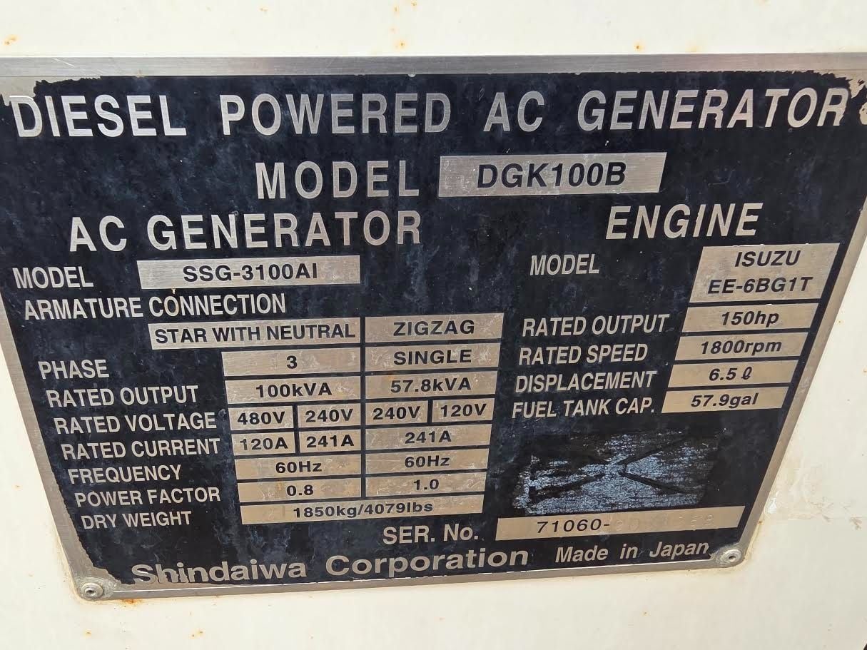 80 KW Shindaiwa #DGK100B, diesel generator set, 100 KVA, 240/480 Volts, 3-phase, 150 HP, Isuzu EE-6BG1T engine - Image 8