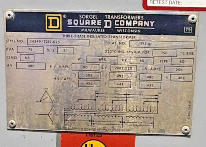 75 KVA 480 Primary, 208Y/120 Secondary, Square D #75T3H, Transformer, 3 Phase, 60 Hz - Image 2