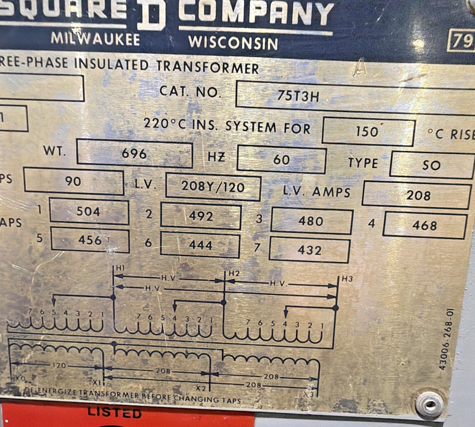 75 KVA 480 Primary, 208Y/120 Secondary, Square D #75T3H, Transformer, 3 Phase, 60 Hz - Image 10