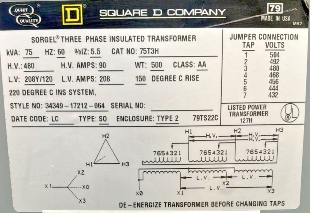 75 KVA 480 Primary, 208Y/120 Secondary, Square D #75T3H, Transformer, 3 Phase, 60 Hz - Image 2