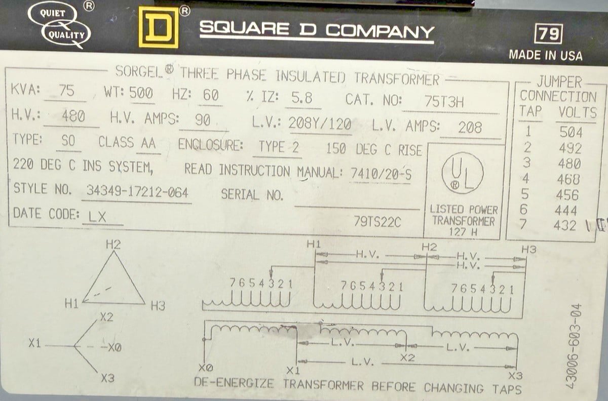 75 KVA 480 Primary, 208Y/120 Secondary, Square D #75T3H, Transformer, 60 Hz - Image 2