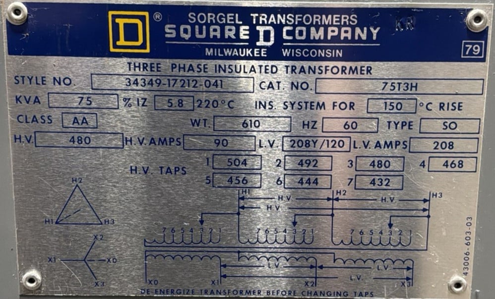 75 KVA 480 Primary, 208Y/120 Secondary, Square D #75T3H, Transformer, 3 Phase, 60 Hz - Image 2