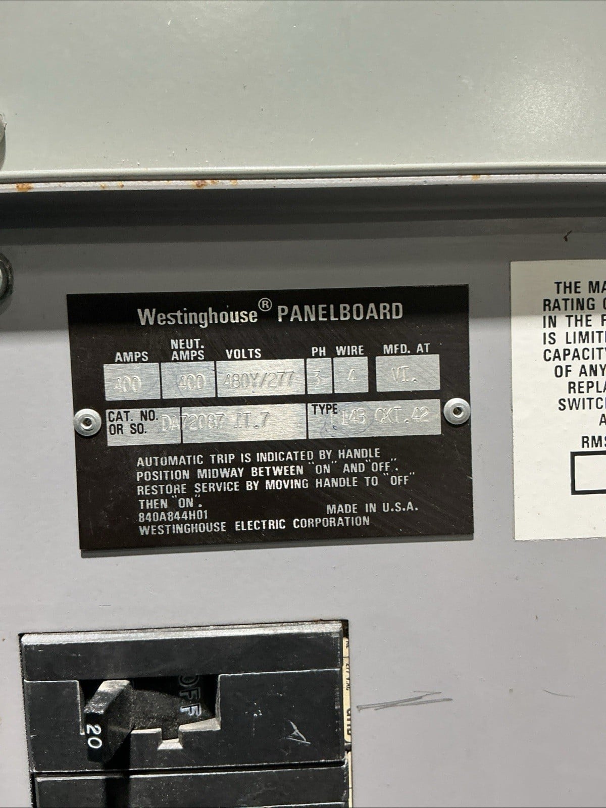 400 Amp. Westinghouse DA72087, MLO Panelboard, 480Y/277 Volts, 3 Phase, 4 Wire, no lock - Image 5