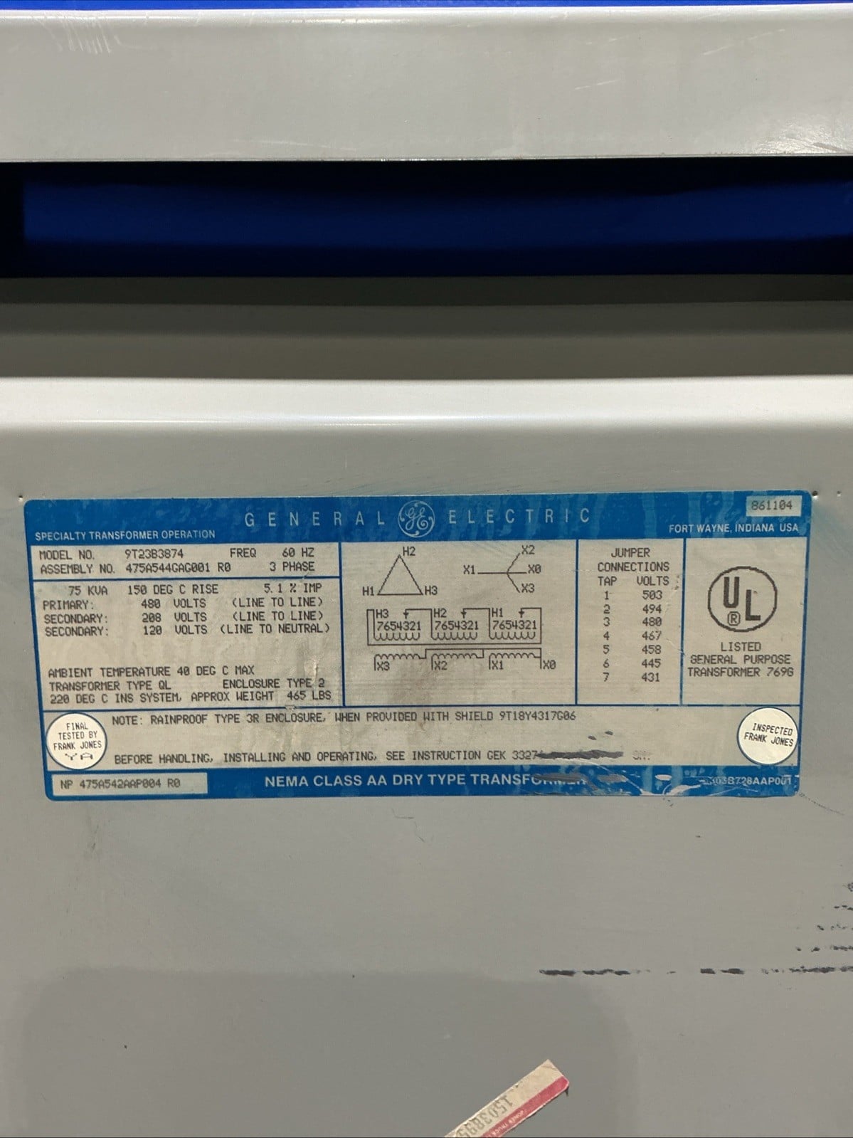 75 KVA 480 Primary, 208Y/120 Secondary, General Electric #9T23B3874, Dry Type Transformer, 3 Phase, 60 Hz (3 - Image 7