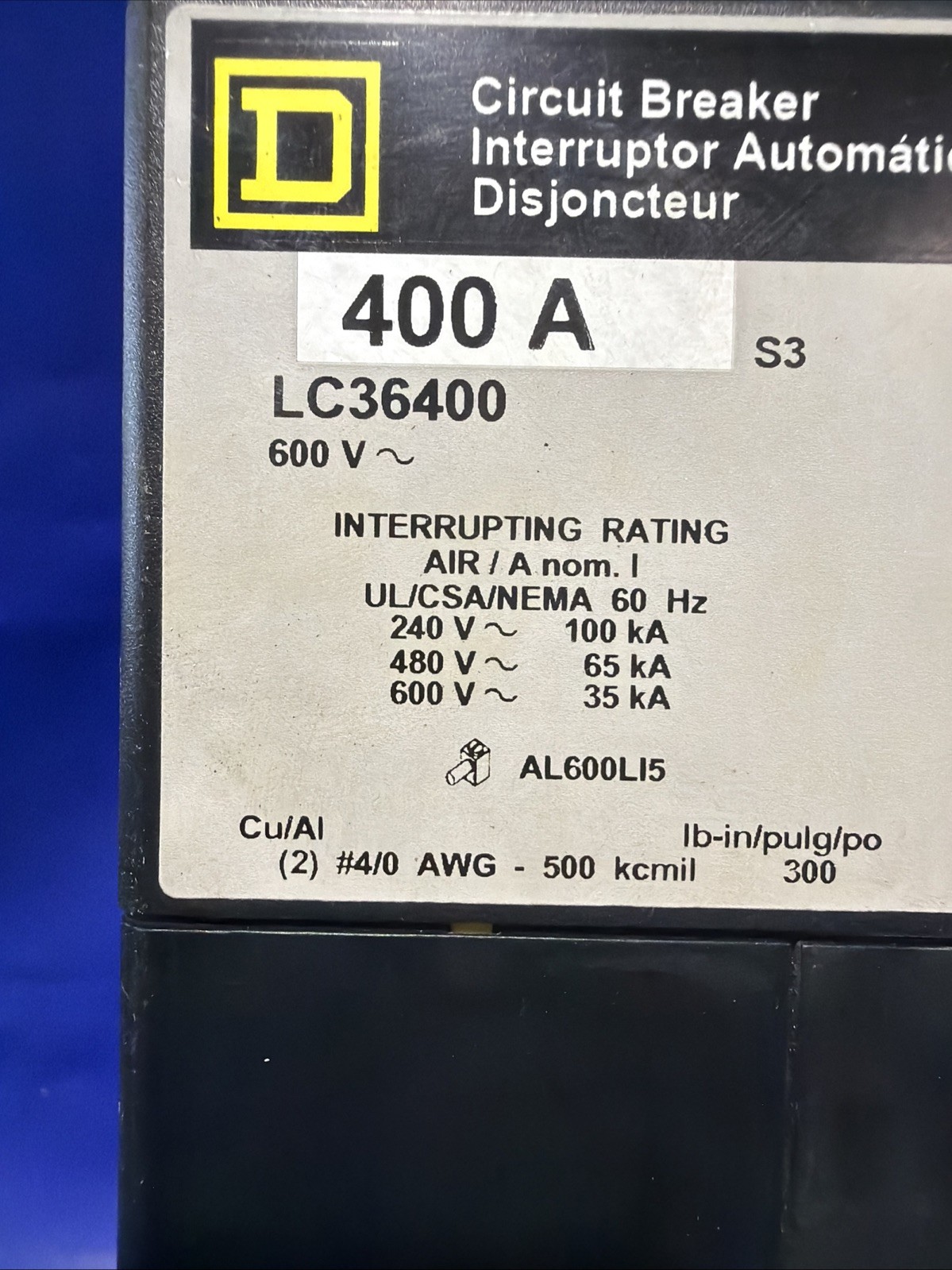 400 Amps, Square D #LC36400, I-Line circuit breaker, 600 Volts, 3 Pole, 35 KA (5 available) - Image 2