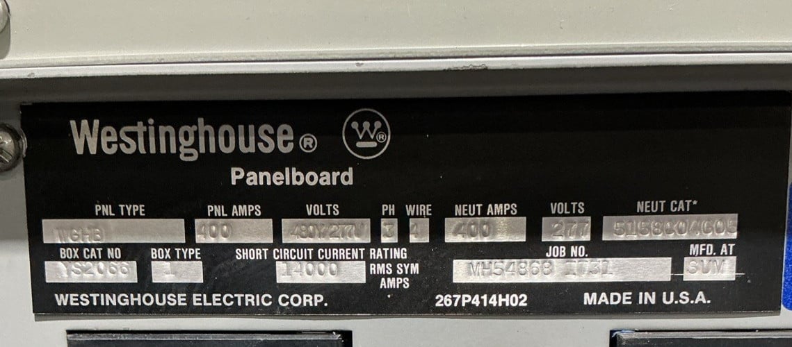 400 Amp. Westinghouse YS2066, Main Breaker Panelboard, 400 Amp main breaker, 480Y/277 Volts, 3 Phase, 4 Wire - Image 3