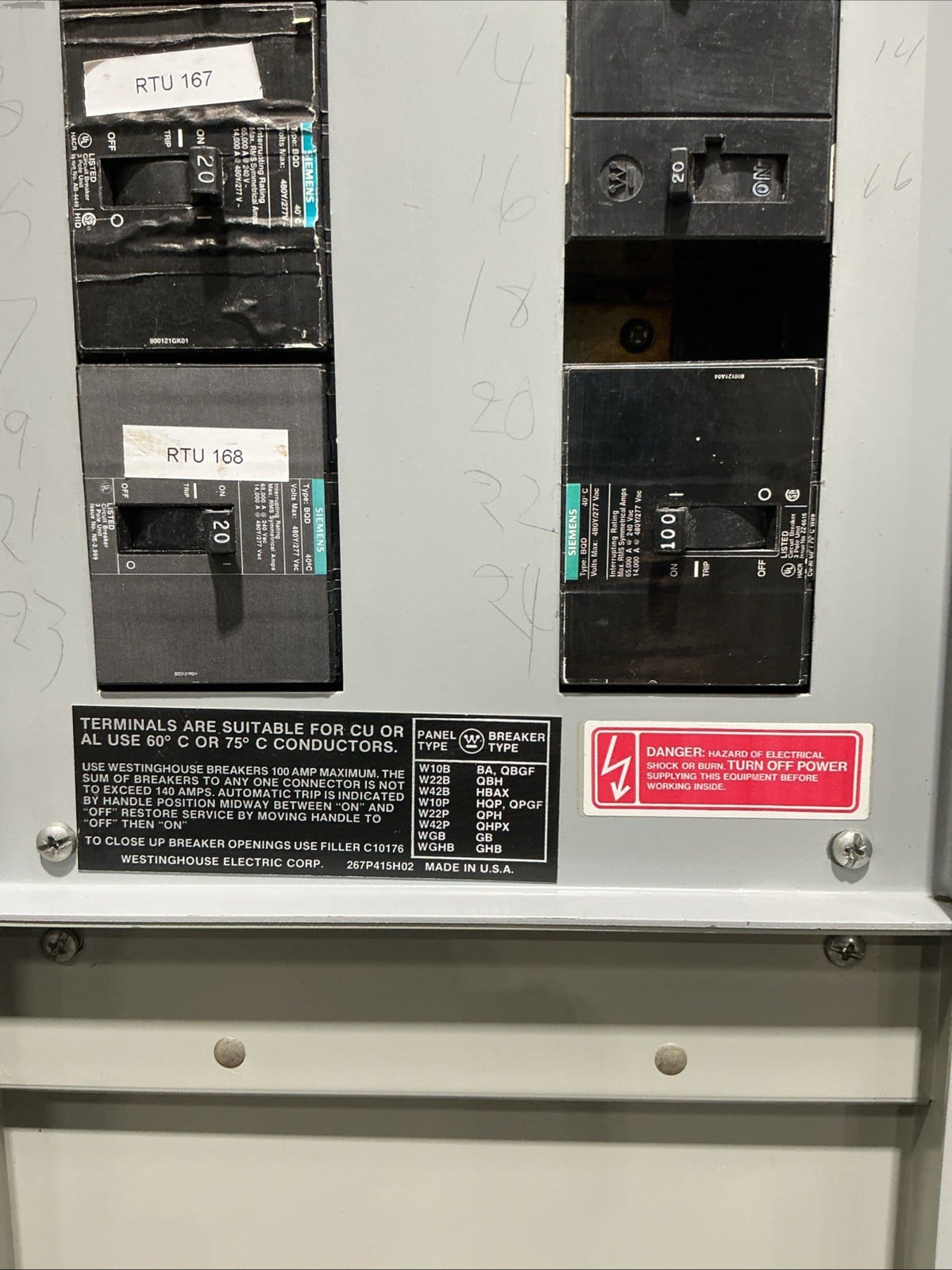 400 Amp. Westinghouse YS2066, Main Breaker Panelboard, 400 Amp main breaker, 480Y/277 Volts, 3 Phase, 4 Wire - Image 5