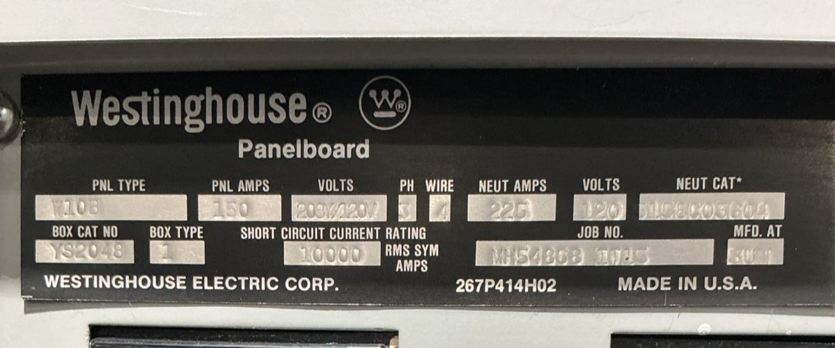 150 Amp. Westinghouse YS2048, Main Breaker Panelboard, 150 Amp main breaker, 208Y/120 Volts, 3 Phase, 4 Wire - Image 3