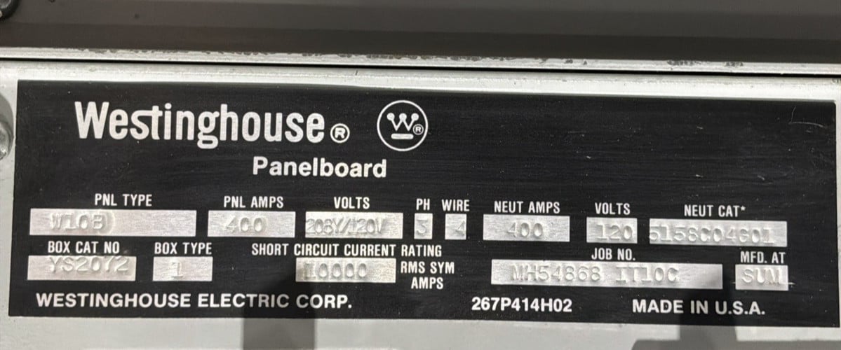 400 Amp. Westinghouse YS2072, MLO Panelboard, 208Y/120 Volts, 3 Phase, 4 Wire (8 available) - Image 3