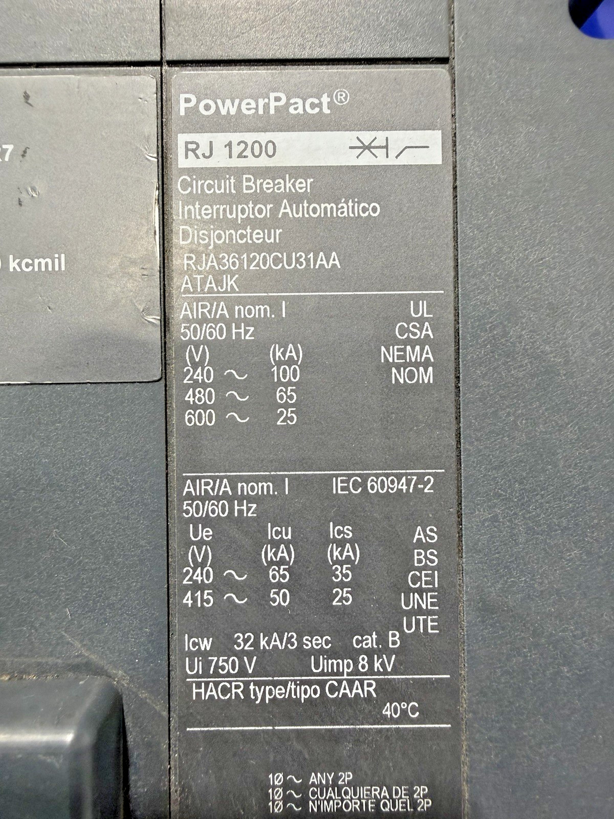 1200 Amps, Square D #RJA36120CU31AA, I-Line circuit breaker, 600 Volts, 3 Pole, Micrologic 6.0 trip - Image 3