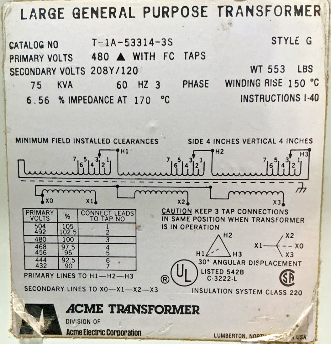 75 KVA 480 Delta Primary, 208Y/120 Secondary, Acme #T-1A-53314-35, Transformer, 3 Phase, 60 Hz, NEMA 3R - Image 3