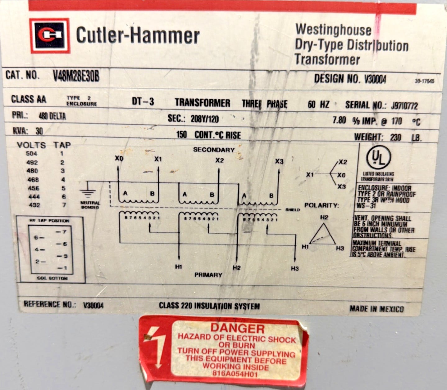 30 KVA 480 Delta Primary, 208Y/120 Secondary, Cutler-Hammer #V48M28E30B, Transformer, 3 Phase, NEMA 2 - Image 3