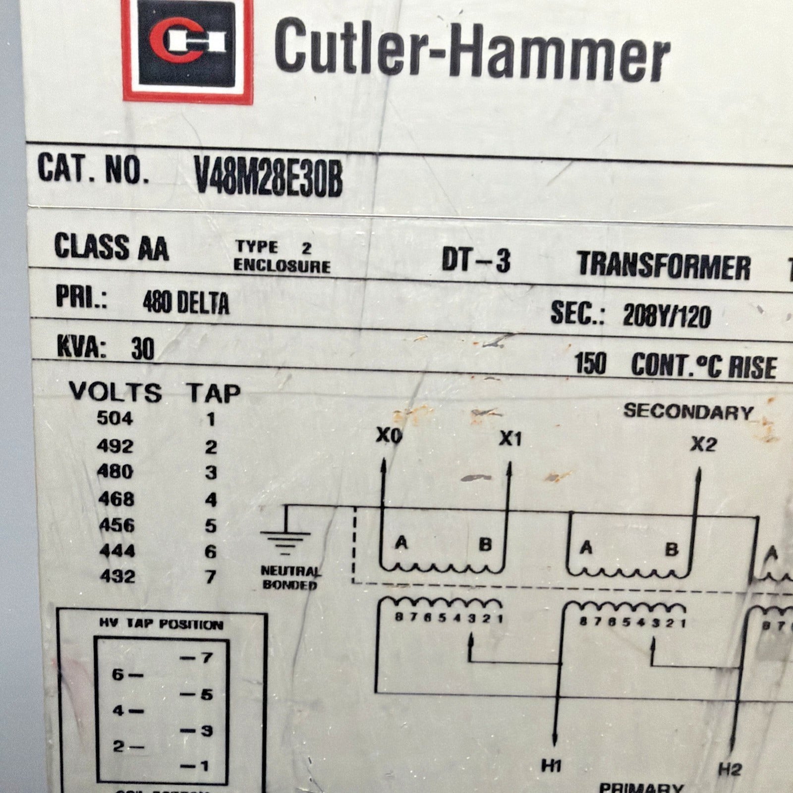 30 KVA 480 Delta Primary, 208Y/120 Secondary, Cutler-Hammer #V48M28E30B, Transformer, 3 Phase, NEMA 2 - Image 10